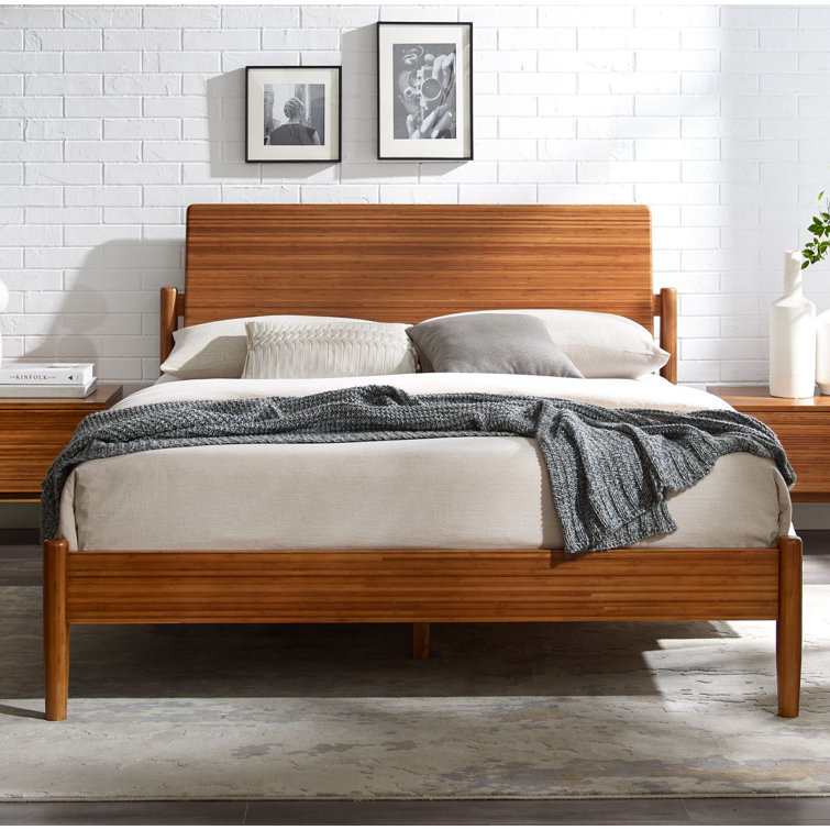Benji Amber Queen Platform Bed with Upholstered Headboard in Bamboo