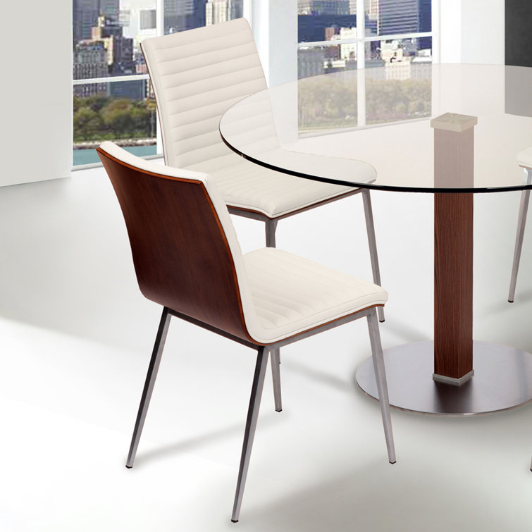 White Faux Leather and Stainless Steel Dining Chair Set