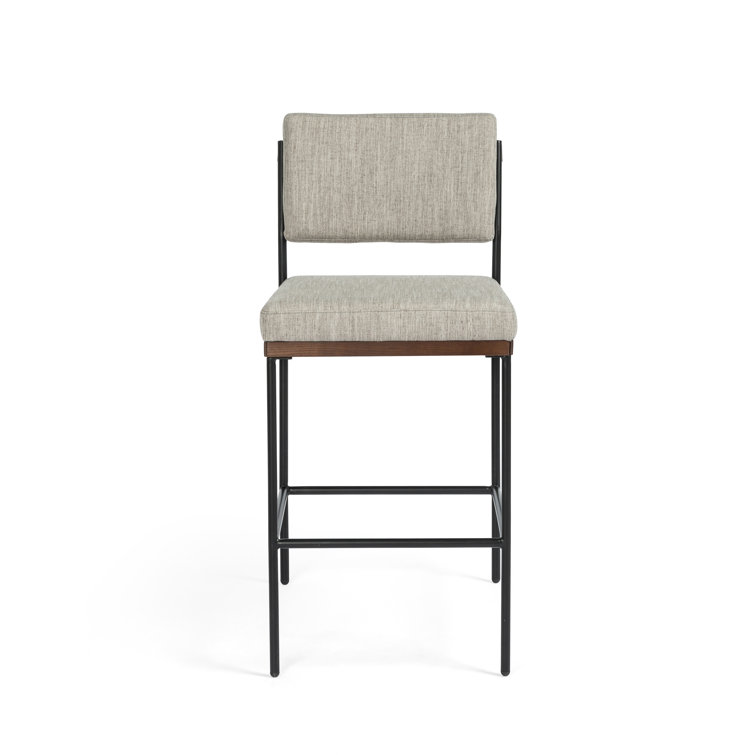 Modern Almond Nettlewood & Black Iron Swivel Bar Stool with Flannel Seat
