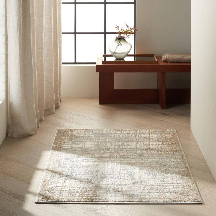 Ivory and Taupe Abstract Rectangular Synthetic Rug