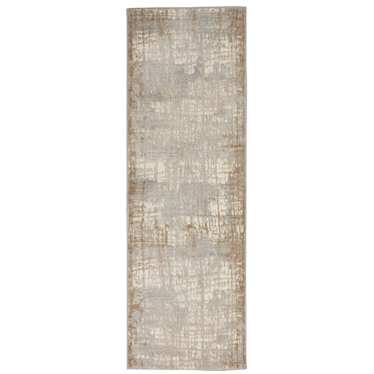 Luxurious Ivory Taupe Abstract Synthetic Runner Rug 2'3" x 7'3"