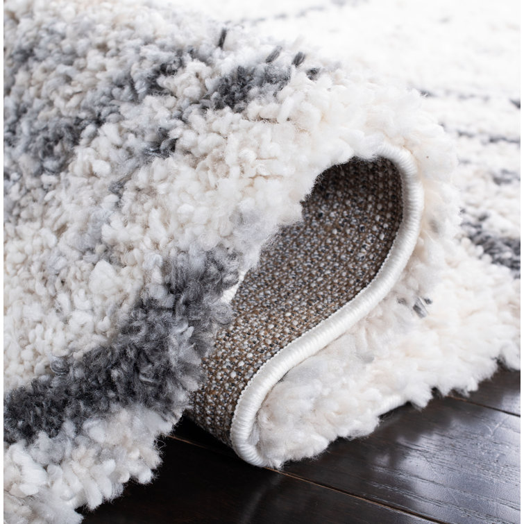 Ivory and Grey Hand-knotted Shag Runner Rug
