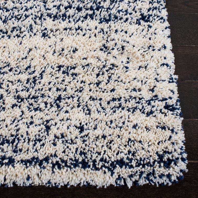 Ivory and Navy Square Shag Area Rug, 7' x 7'