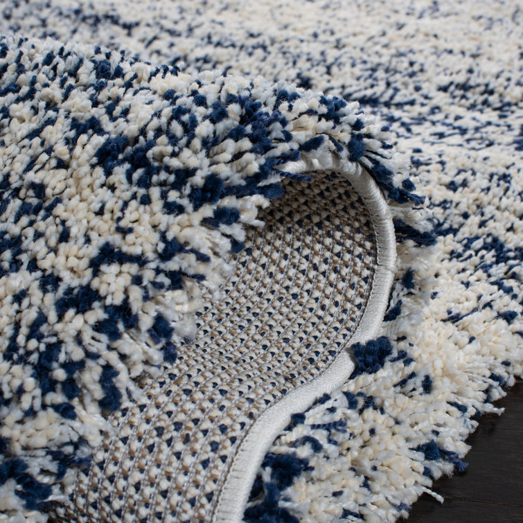 Ivory and Navy Square Shag Area Rug, 7' x 7'