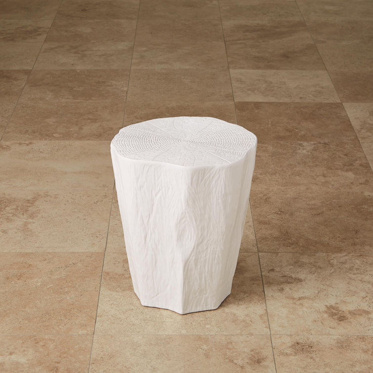 White Matte Ceramic Trunk Stool with Faux-Bois Texture