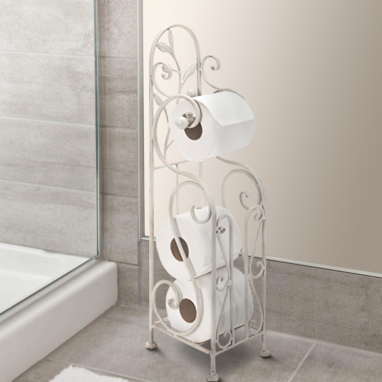 Ivory White Metal Freestanding Toilet Paper Holder with Scroll Design