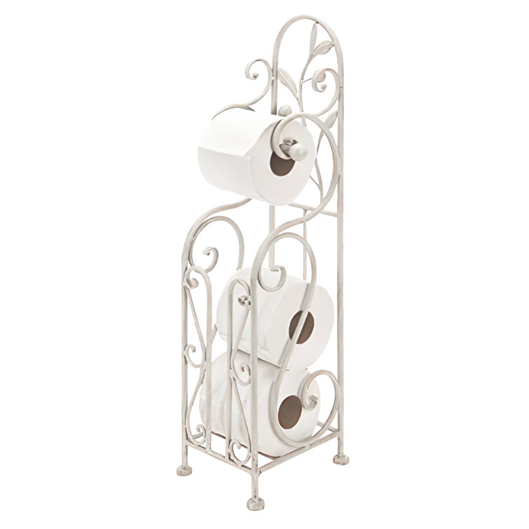 Ivory White Metal Freestanding Toilet Paper Holder with Scroll Design