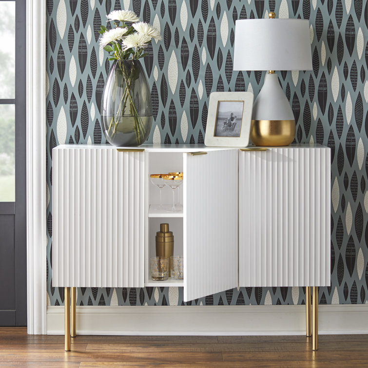 White and Gold Channel Front Sideboard with Adjustable Shelf