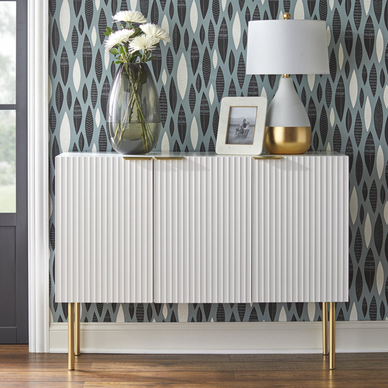 White and Gold Channel Front Sideboard with Adjustable Shelf