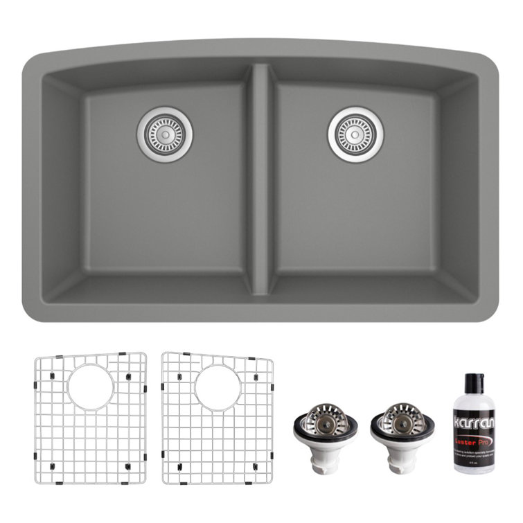 Gray Quartz Double Bowl Undermount Kitchen Sink Kit