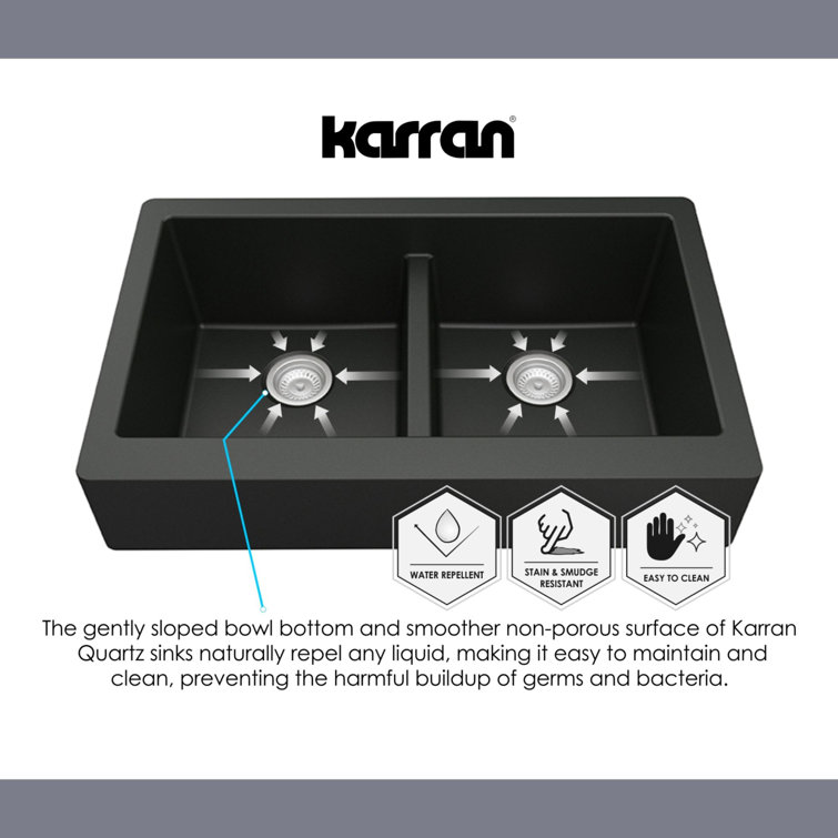 Gray Quartz 34'' Double Bowl Farmhouse Kitchen Sink Kit