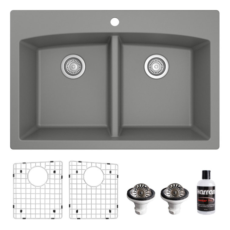 Gray Quartz 33'' Double Bowl Farmhouse Kitchen Sink Kit