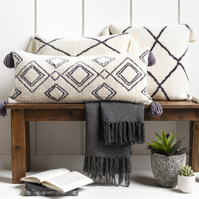 Bohemian Geometric White and Charcoal Gray Throw Pillow 20" x 20"