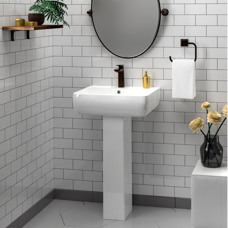 White Vitreous China Rectangular Pedestal Sink with Overflow