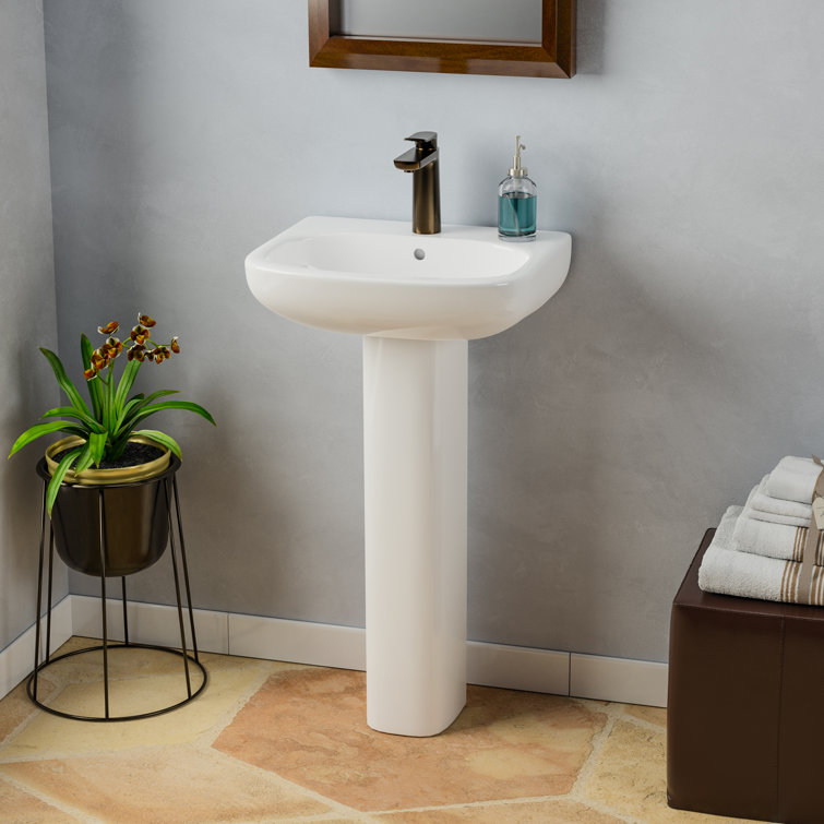 Petite Modern White Ceramic Pedestal Bathroom Sink with Overflow