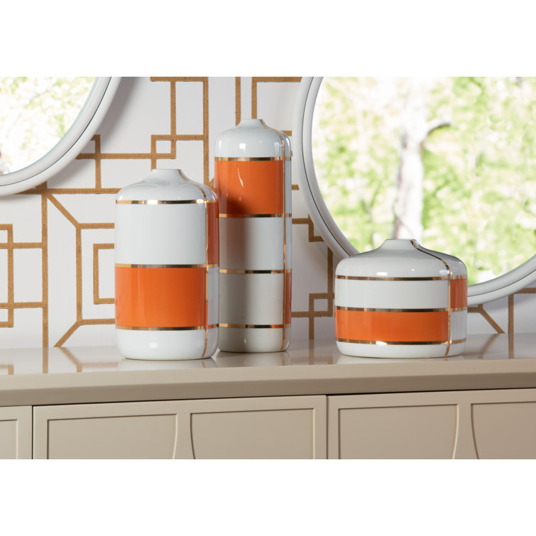 Massaro Ceramic Canister Set in White, Orange, and Gold