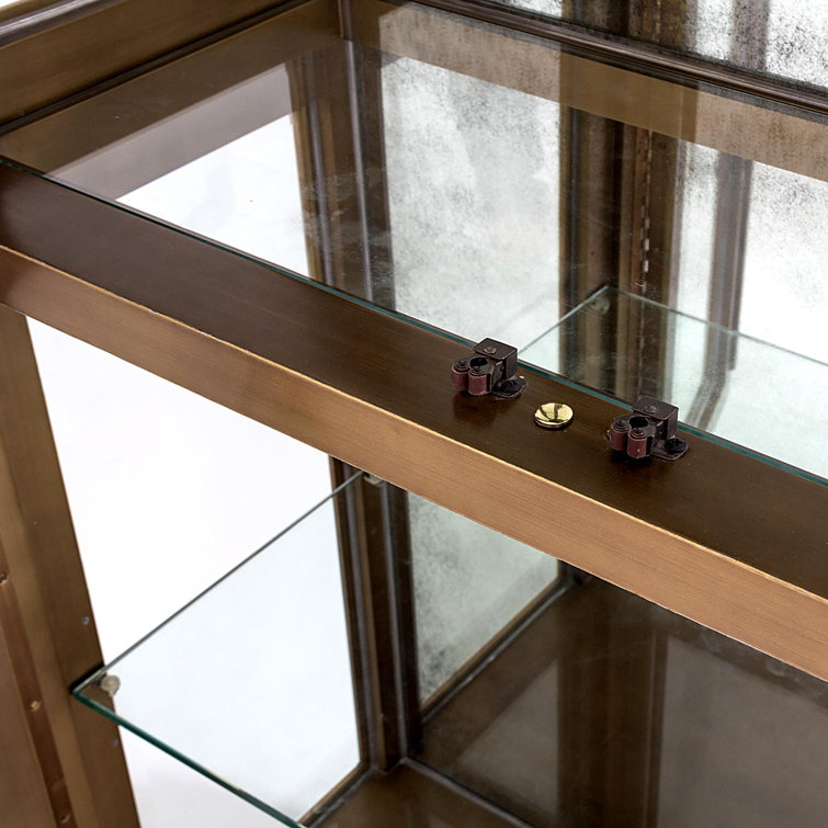 Lighted Poplar and Dark Brass China Cabinet with Glass Shelves
