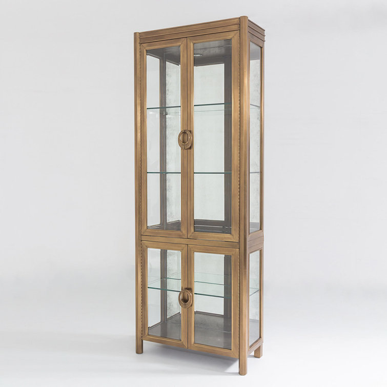 Lighted Poplar and Dark Brass China Cabinet with Glass Shelves