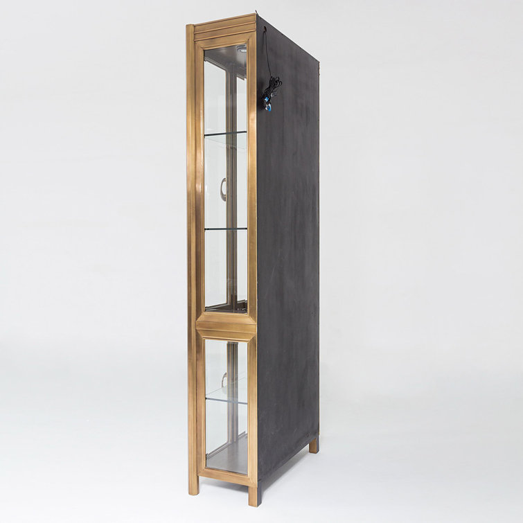 Lighted Poplar and Dark Brass China Cabinet with Glass Shelves
