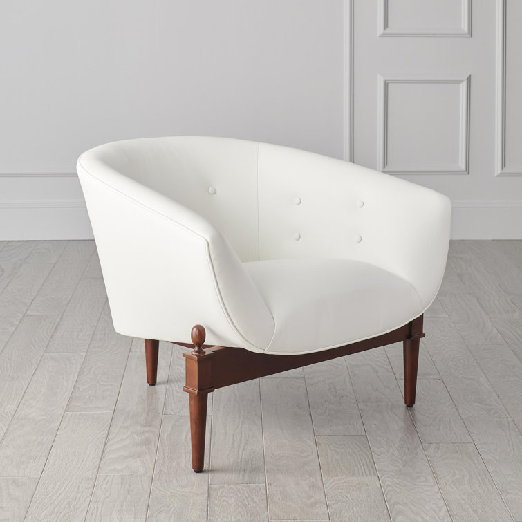 Mimi Barrel Chair in White Genuine Leather with Walnut Oak Frame