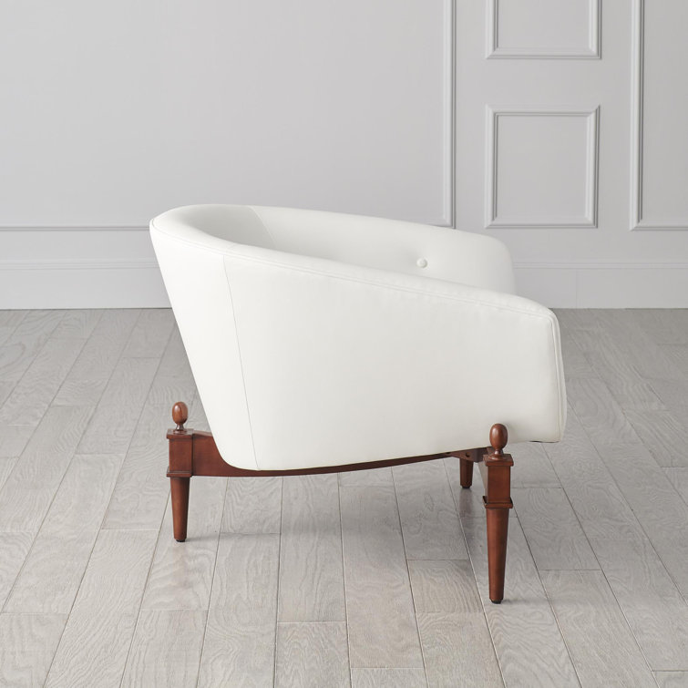 Mimi Barrel Chair in White Genuine Leather with Walnut Oak Frame