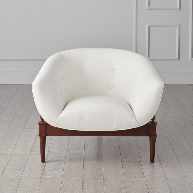Mimi Barrel Chair in White Genuine Leather with Walnut Oak Frame
