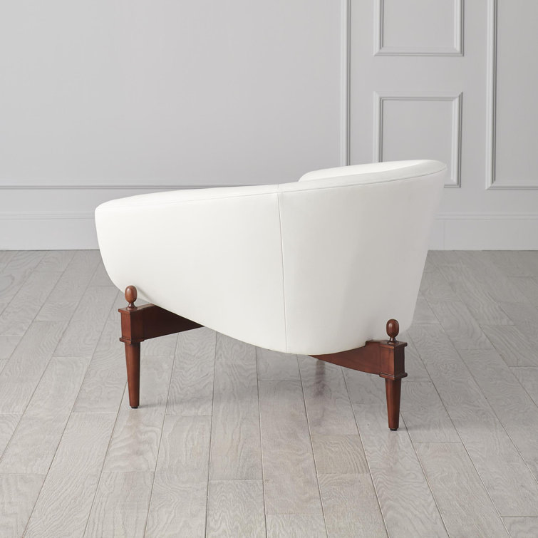 Mimi Barrel Chair in White Genuine Leather with Walnut Oak Frame