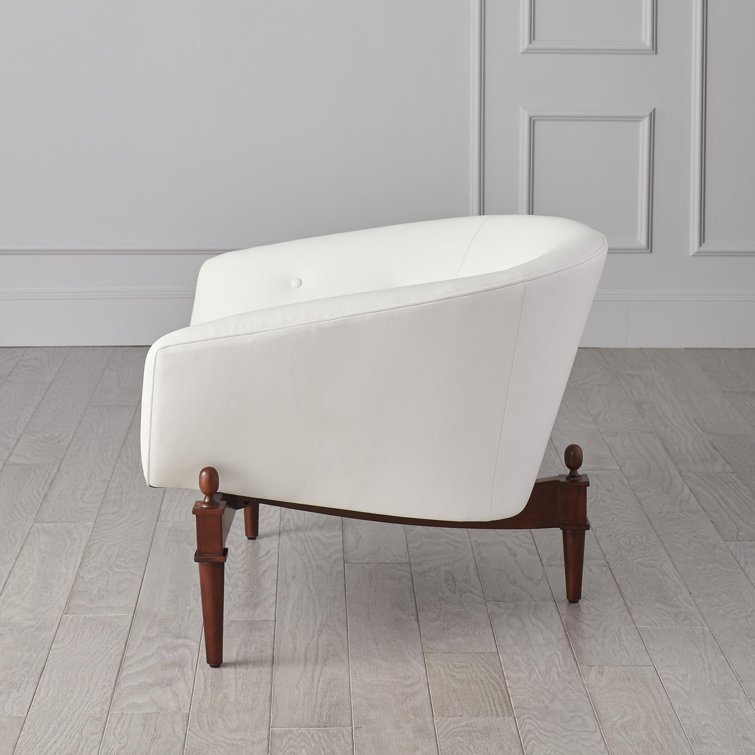 Mimi Barrel Chair in White Genuine Leather with Walnut Oak Frame