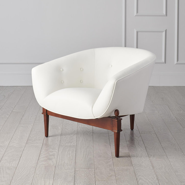 Mimi Barrel Chair in White Genuine Leather with Walnut Oak Frame