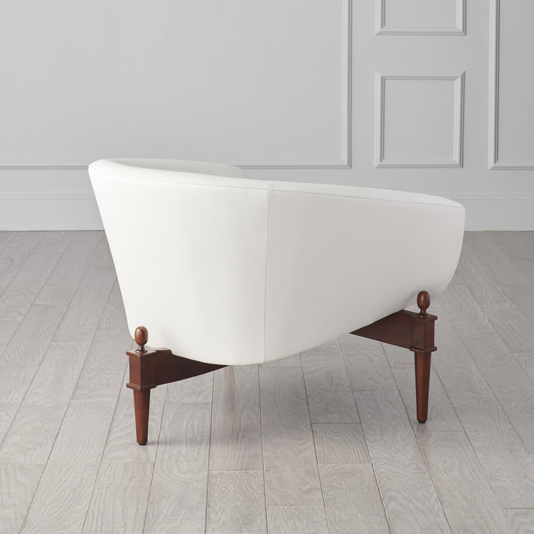 Mimi Barrel Chair in White Genuine Leather with Walnut Oak Frame