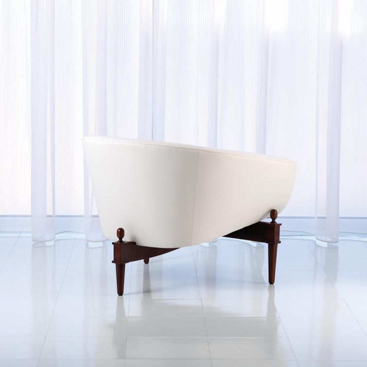 Mimi Barrel Chair in White Genuine Leather with Walnut Oak Frame