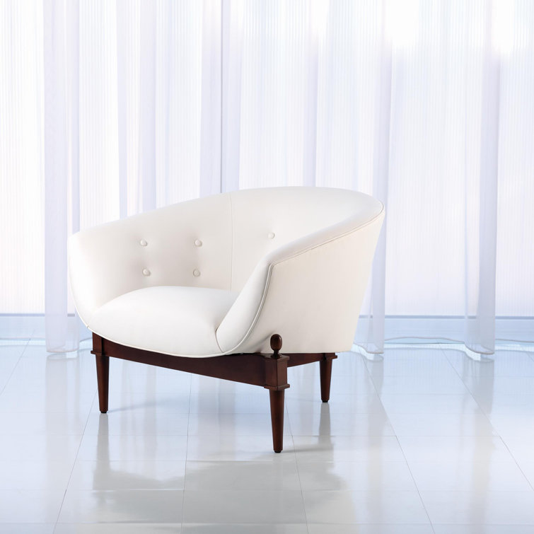 Mimi Barrel Chair in White Genuine Leather with Walnut Oak Frame
