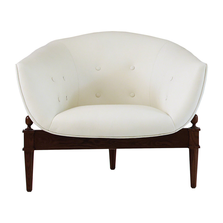 Mimi Barrel Chair in White Genuine Leather with Walnut Oak Frame