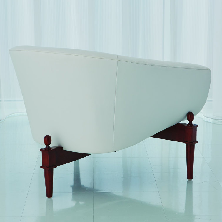 Mimi Barrel Chair in White Genuine Leather with Walnut Oak Frame