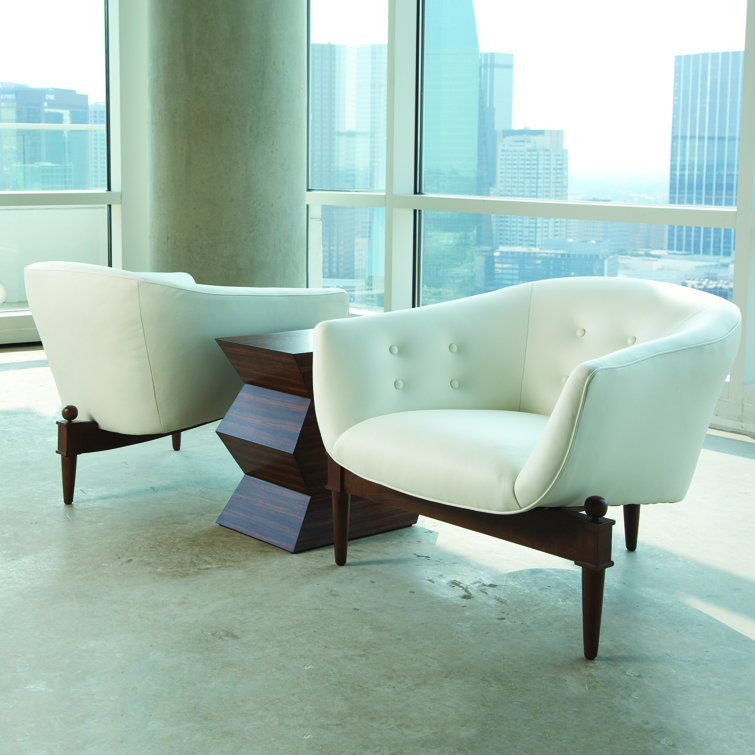 Mimi Barrel Chair in White Genuine Leather with Walnut Oak Frame