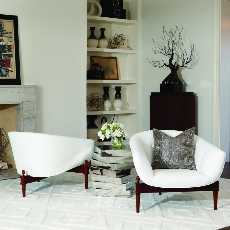 Mimi Barrel Chair in White Genuine Leather with Walnut Oak Frame