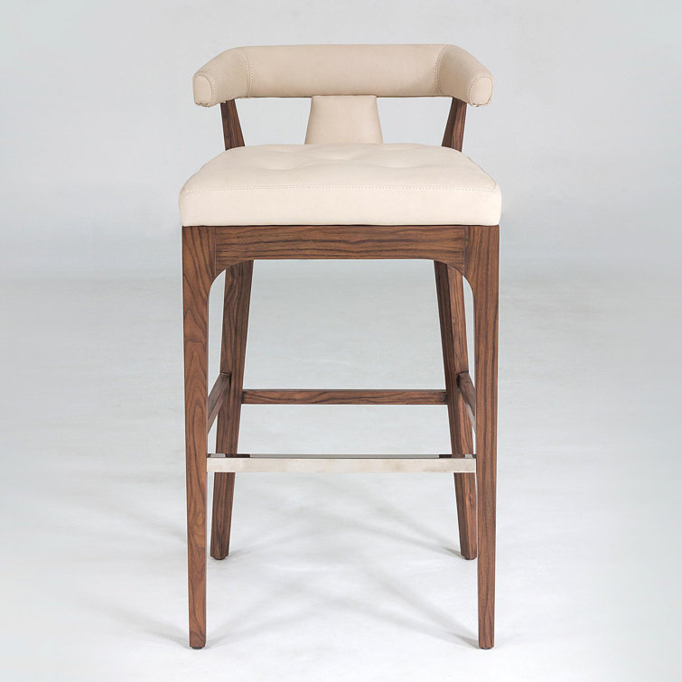 Ivory Leather and Walnut Bar Stool with Stainless Steel