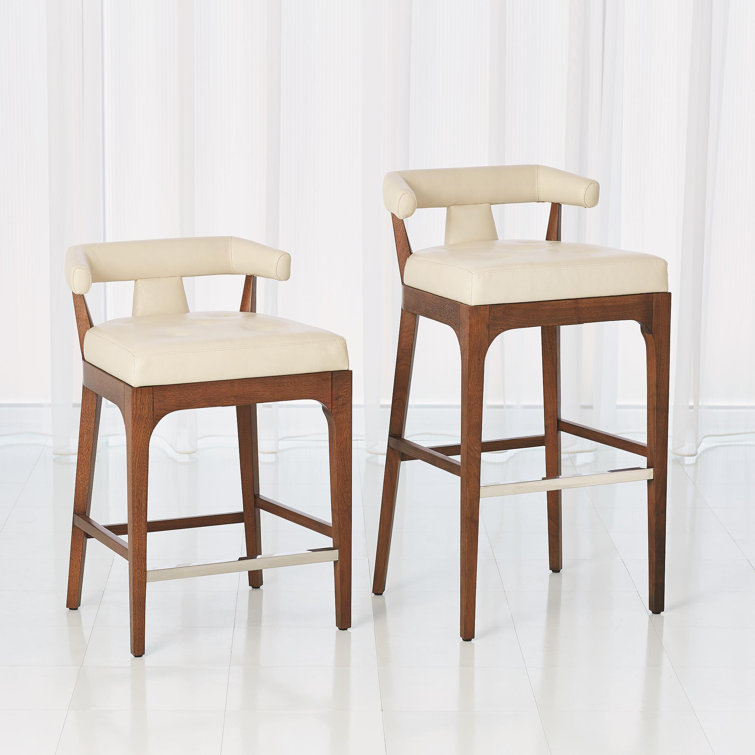 Moderno Sleek Ivory Marble Leather & Walnut Counter Stool