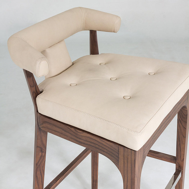Ivory Leather and Walnut Bar Stool with Stainless Steel