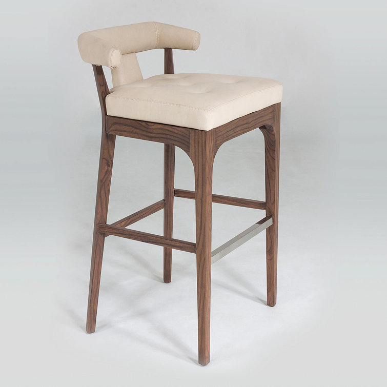Ivory Leather and Walnut Bar Stool with Stainless Steel