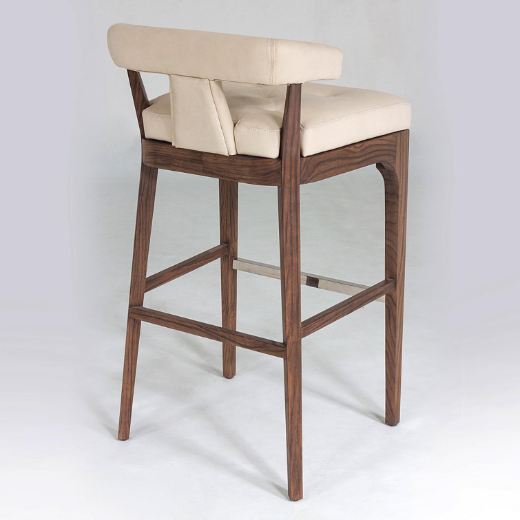 Ivory Leather and Walnut Bar Stool with Stainless Steel