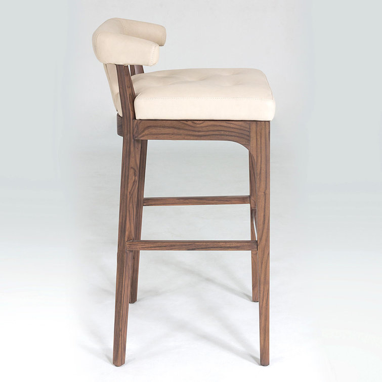 Ivory Leather and Walnut Bar Stool with Stainless Steel