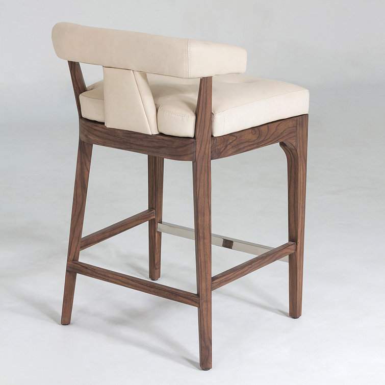Moderno Sleek Ivory Marble Leather & Walnut Counter Stool