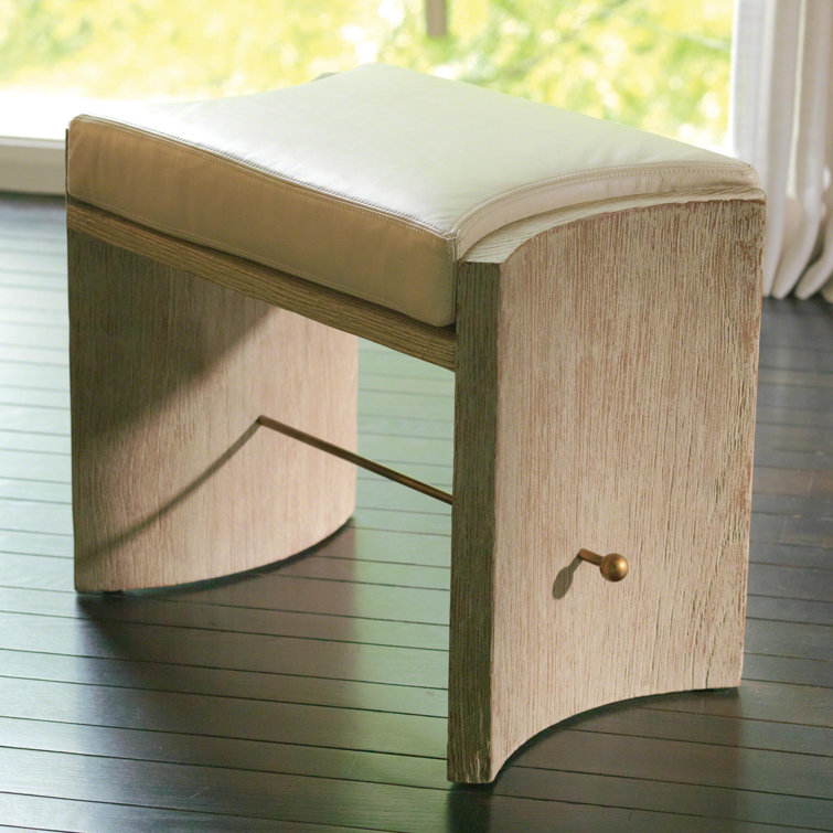 Curved American Oak and Brass Bench with Ivory Leather Cushion