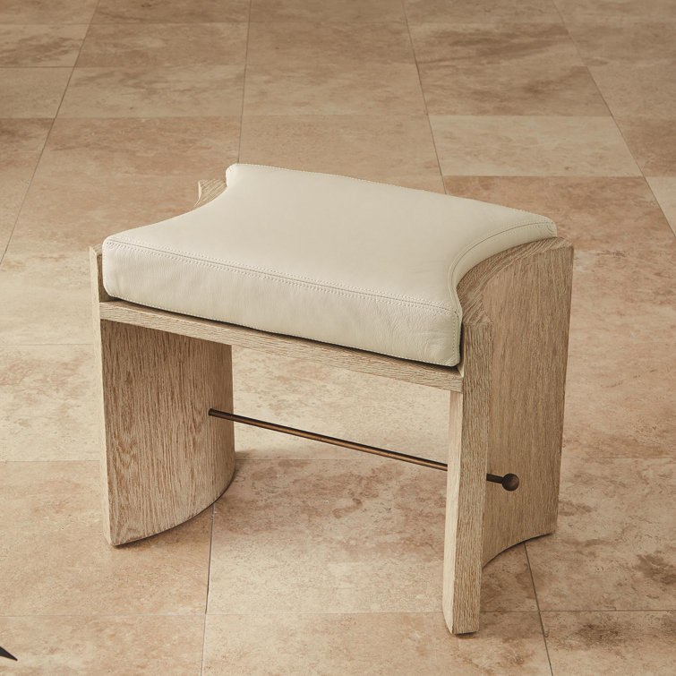 Curved American Oak and Brass Bench with Ivory Leather Cushion