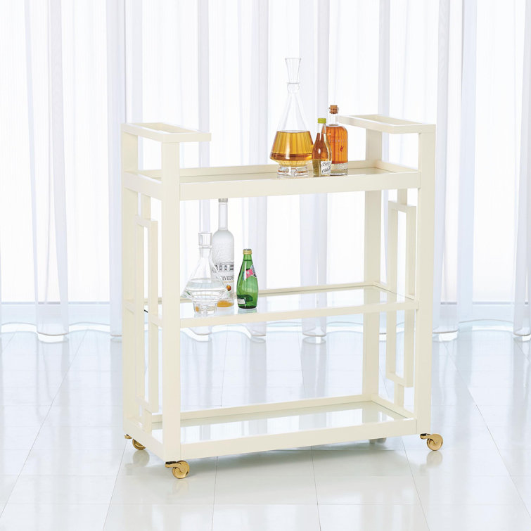 Mid-Century Geometric Grid Block Bar Cart with Brass Wheels