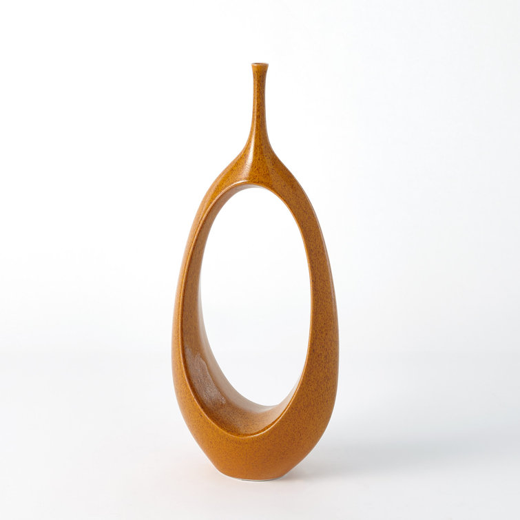 Tall Orange Ceramic Open Oval Ring Table Vase