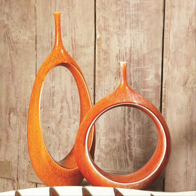 Tall Orange Ceramic Open Oval Ring Table Vase