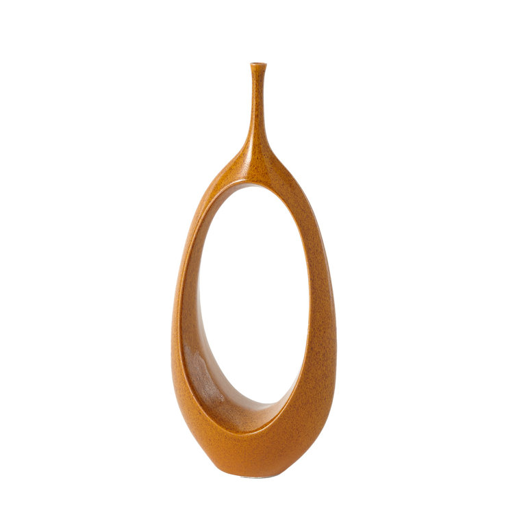 Tall Orange Ceramic Open Oval Ring Table Vase