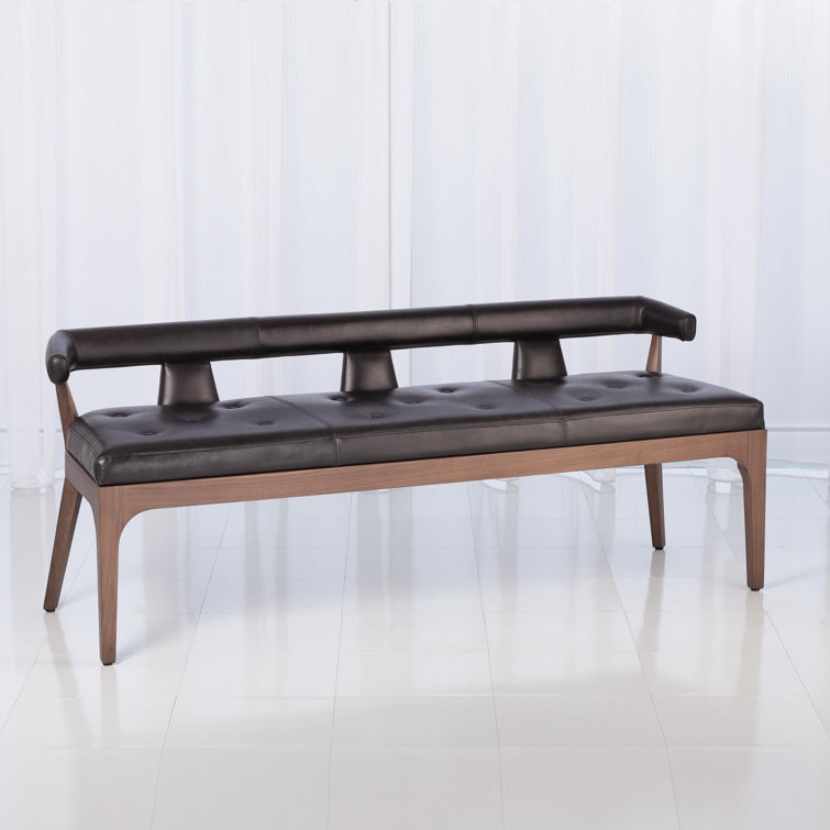Sleek Moderno Black Marble Leather Bench with Natural Walnut Frame